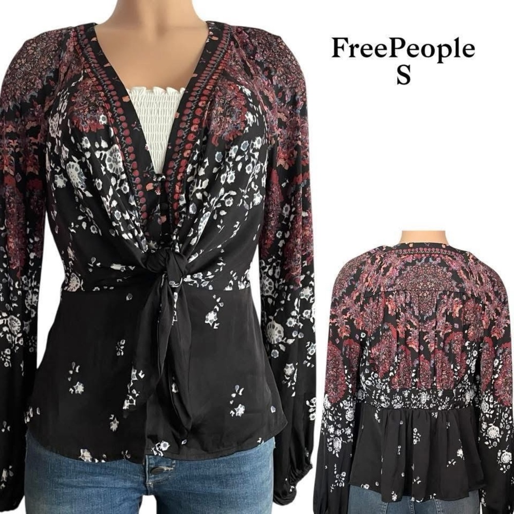 Free People Black and Red Floral Women's Top